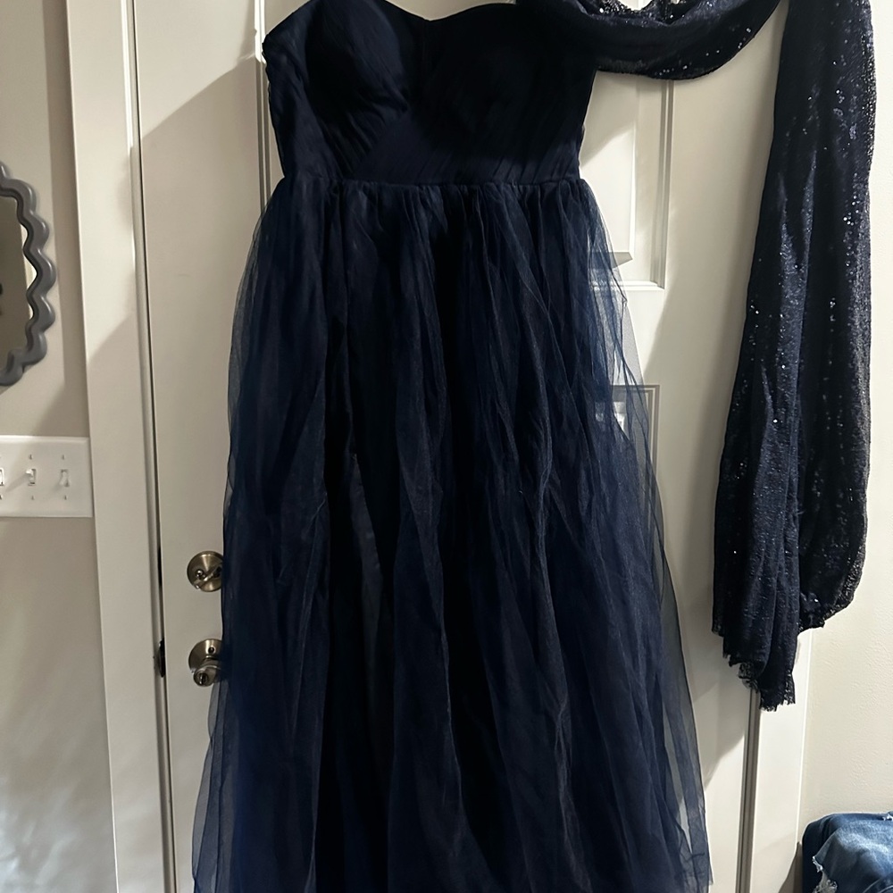 Navy Blue One Shoulder Bishop Sleeve Gown